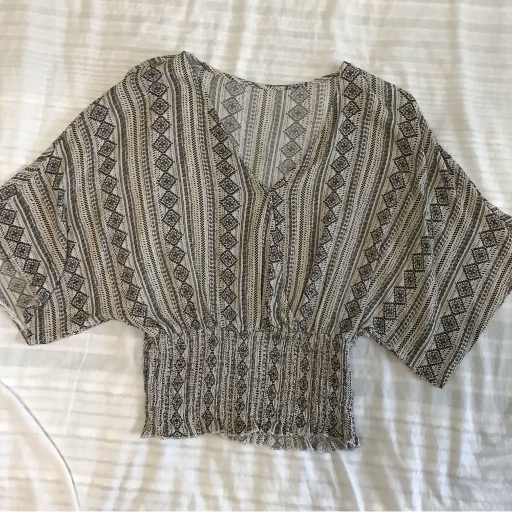Women's Patterned V-Neck Top Boho Peasant Hippie Chiffon Smocked Waiste Small